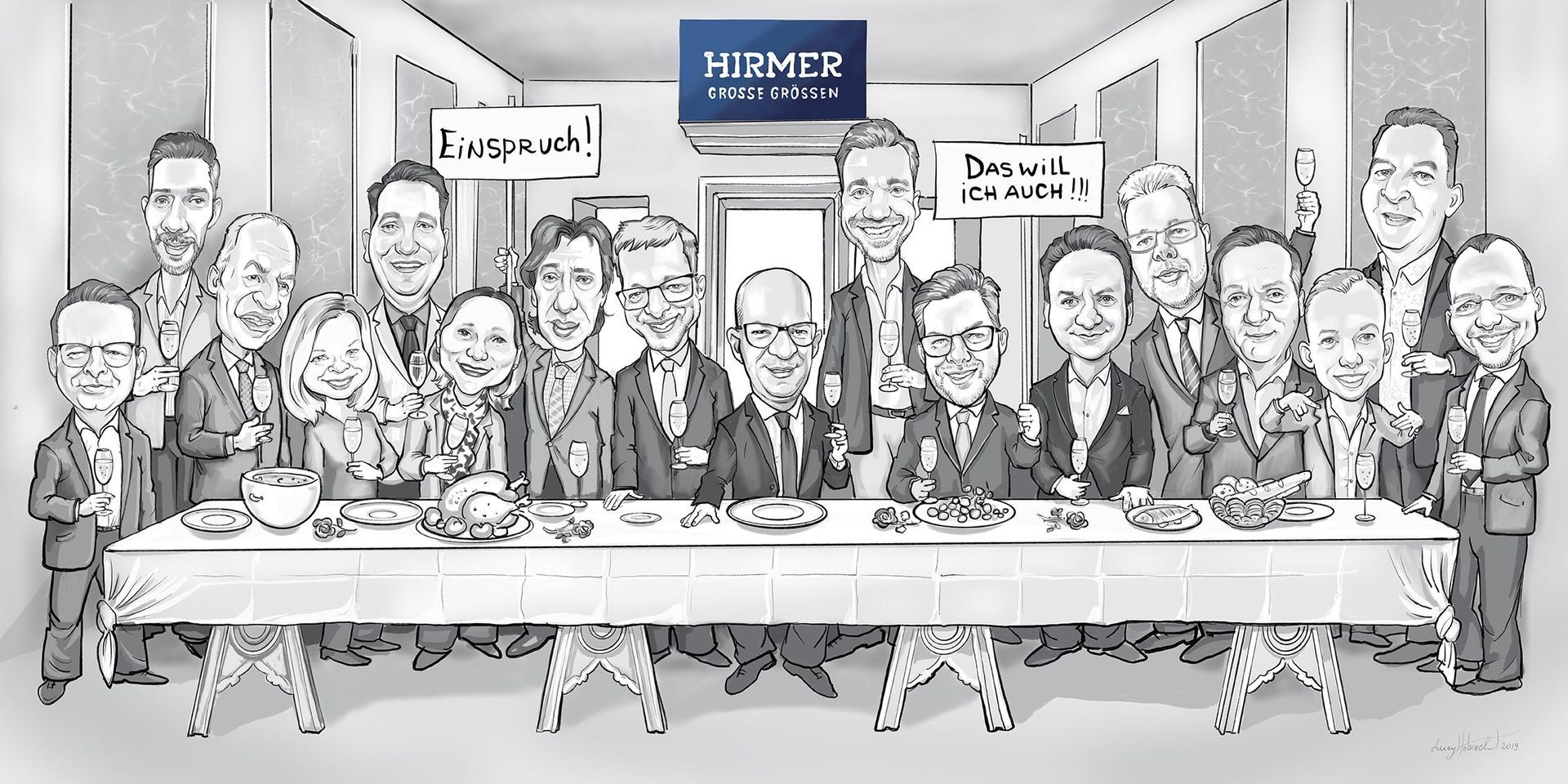 eine Karikatur einer Gruppe von Menschen , die um einen Tisch sitzen