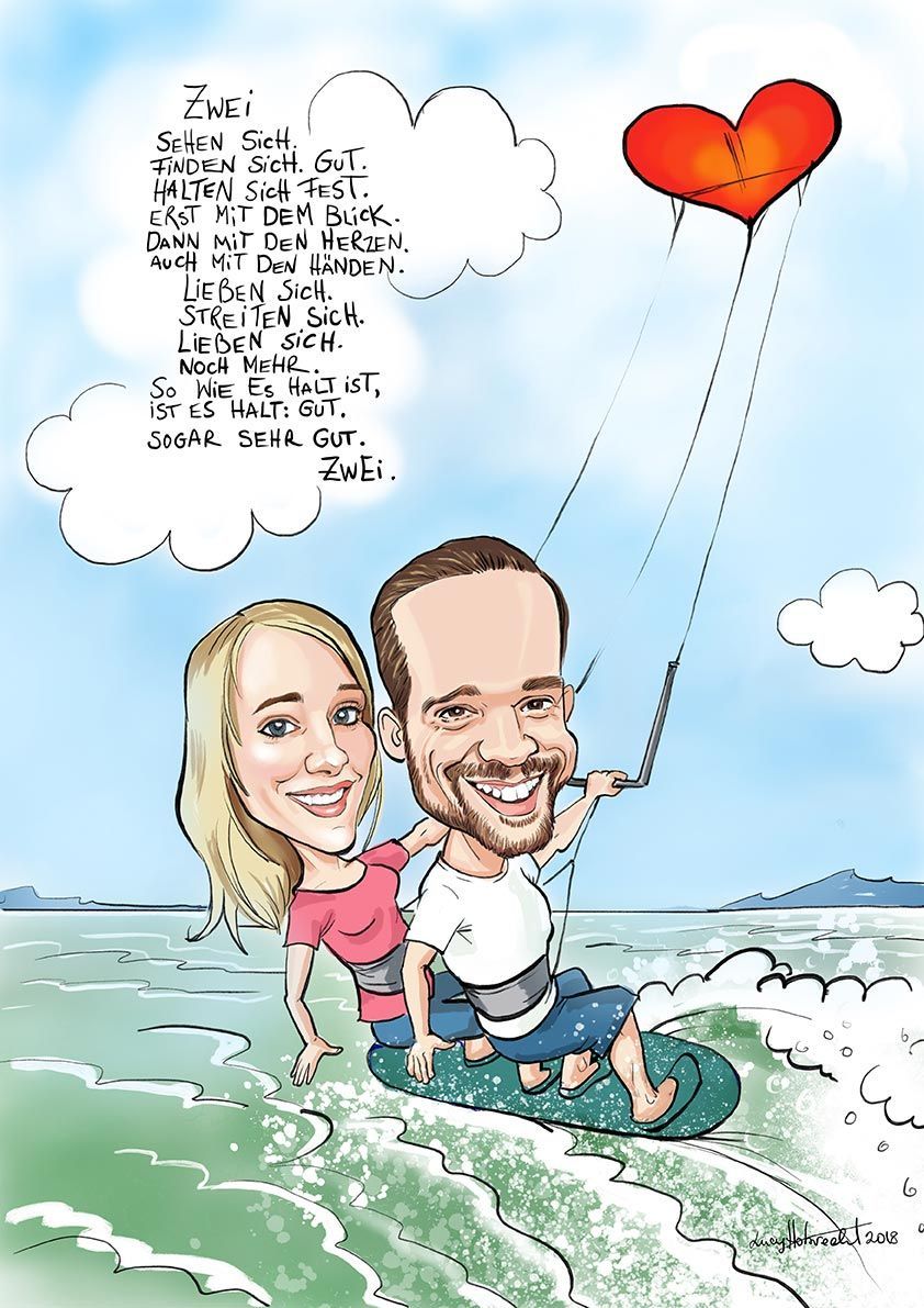 eine Karikatur eines Mannes und einer Frau , die auf einem Surfbrett im Ozean sitzen .