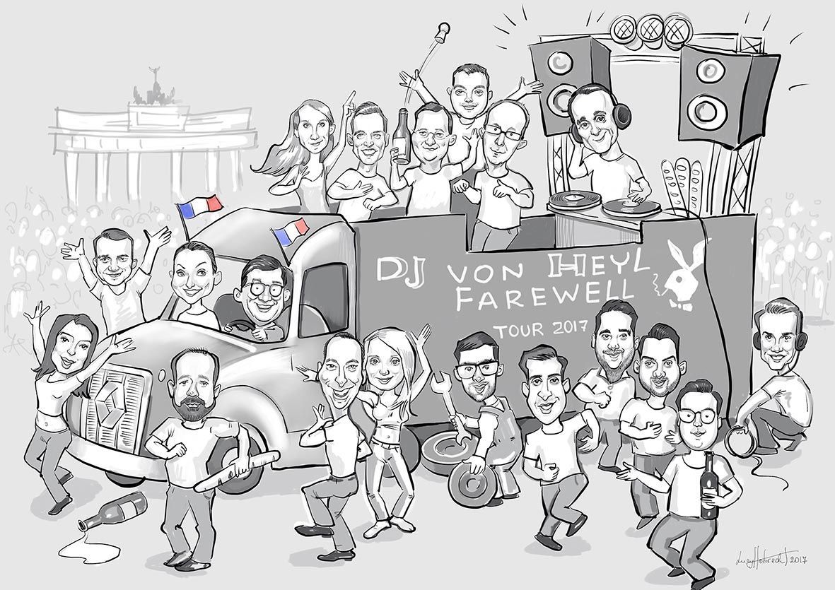 eine Schwarz-Weiß-Zeichnung einer Gruppe von Menschen , die vor einem DJ-Wagen stehen .