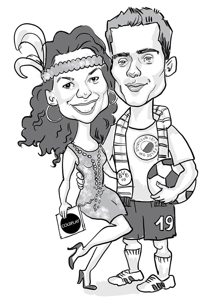 eine Schwarz-Weiß-Zeichnung eines Mannes und einer Frau , die nebeneinander stehen .