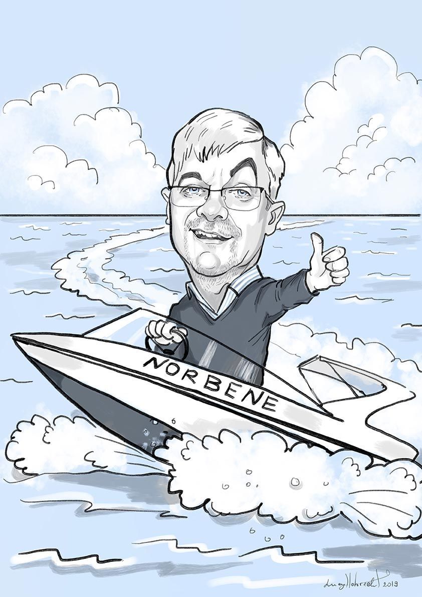 eine Karikatur eines Mannes , der auf einem Schnellboot im Ozean sitzt und einen Daumen nach oben gibt .