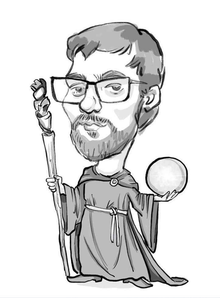 eine Schwarz-Weiß-Zeichnung eines Mannes mit Bart und Brille , der einen Stock und eine Kugel hält .