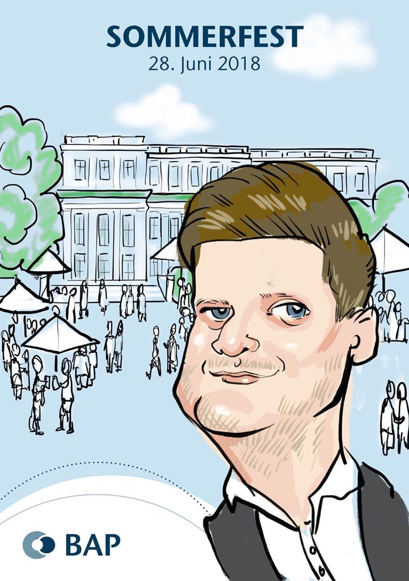 eine Karikatur eines Mannes mit einem Gebäude im Hintergrund .