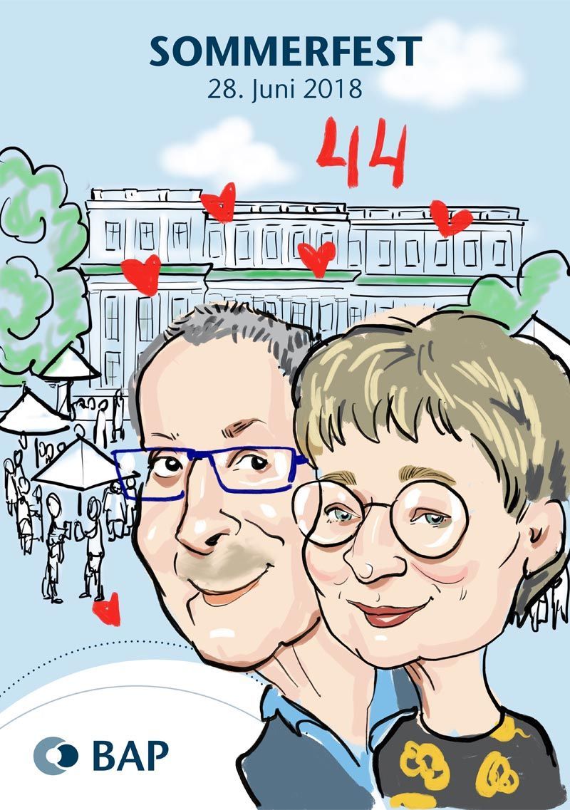 eine Karikatur eines Mannes und einer Frau mit Gläsern und Herzen .