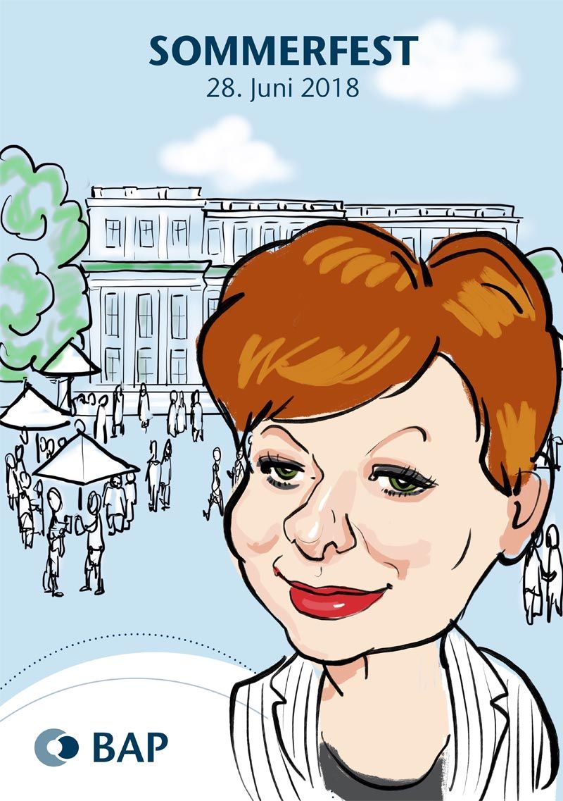 eine Karikatur einer Frau mit roten Haaren auf einem Sommerfest-Poster