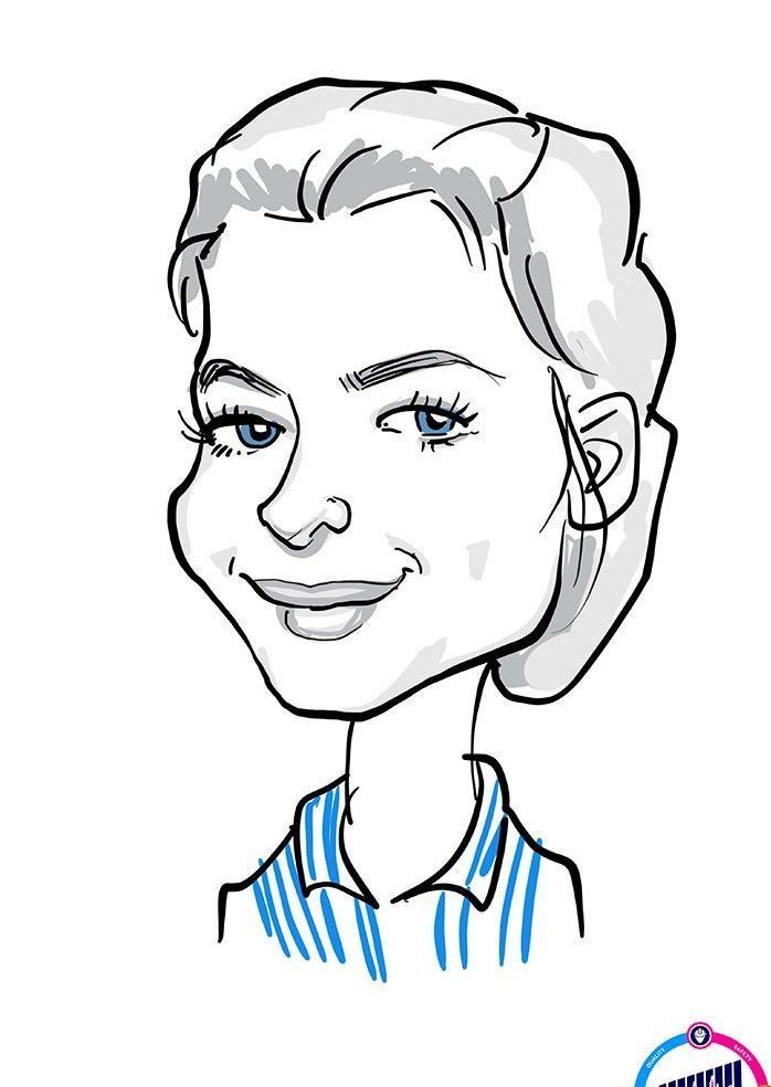 eine Schwarz-Weiß-Zeichnung einer Frau mit blauen Augen und einem gestreiften Hemd .