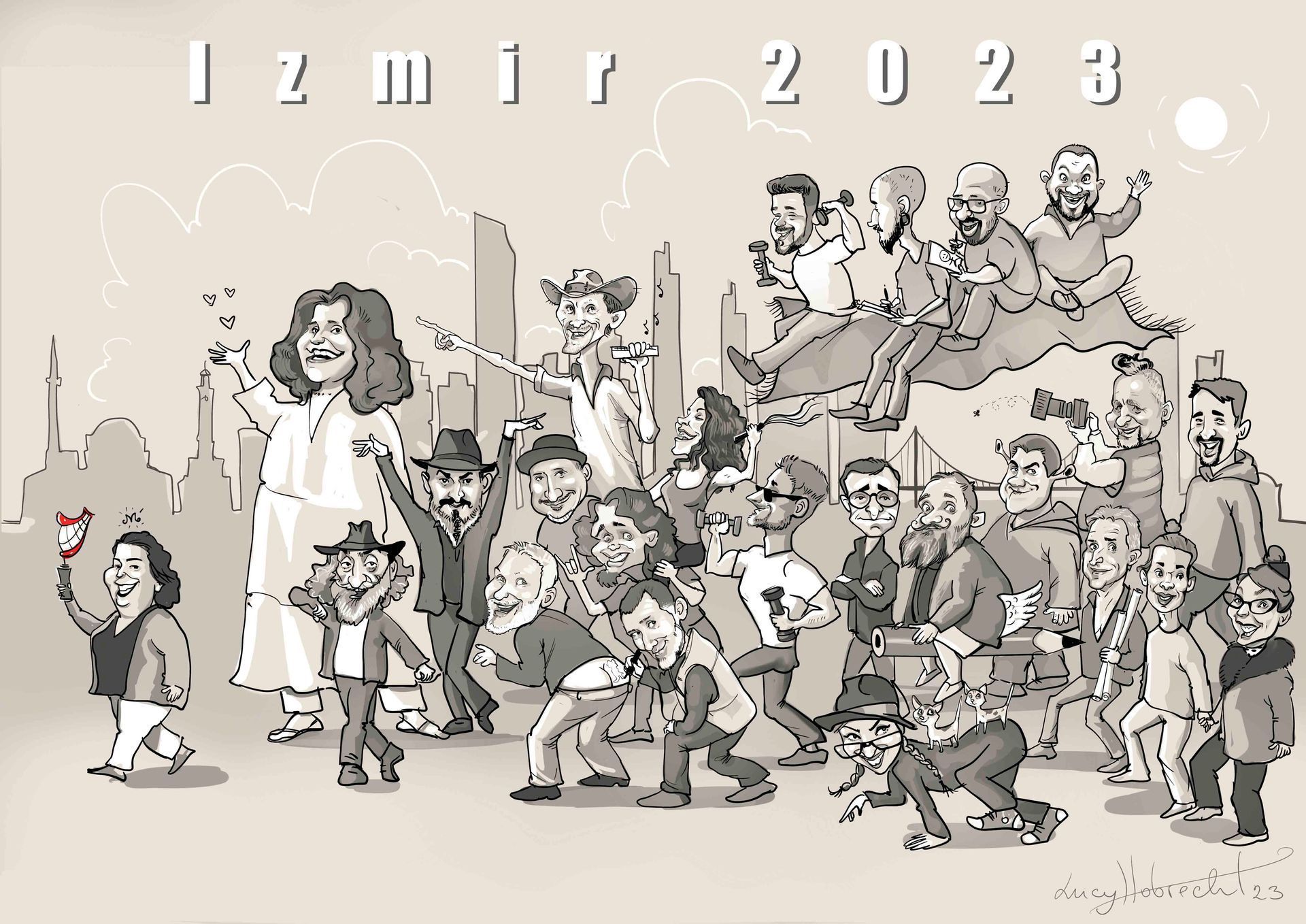 eine Karikatur einer Gruppe von Menschen mit der Aufschrift izmir 2022