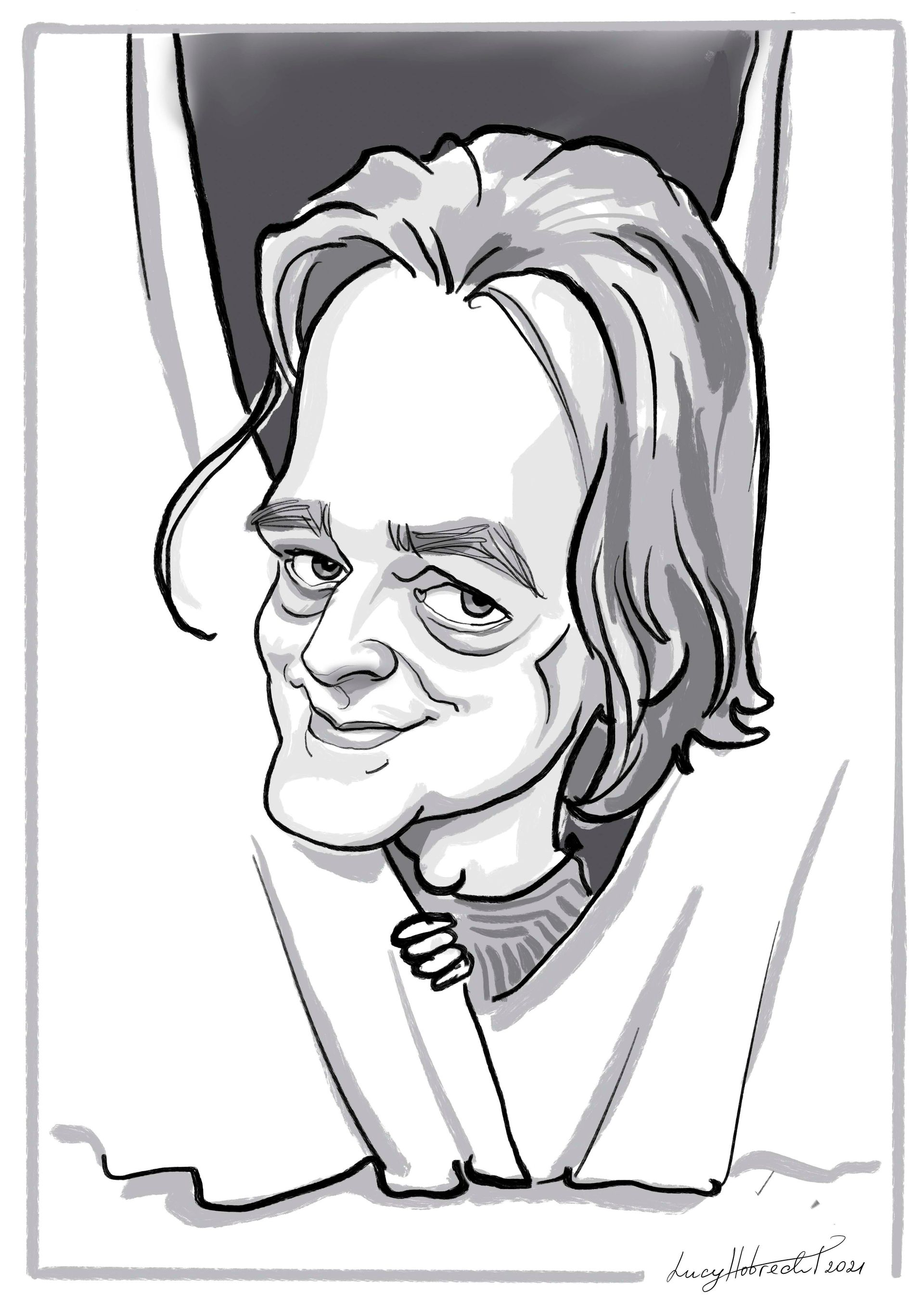 eine Schwarz-Weiß-Zeichnung eines Mannes mit langen Haaren