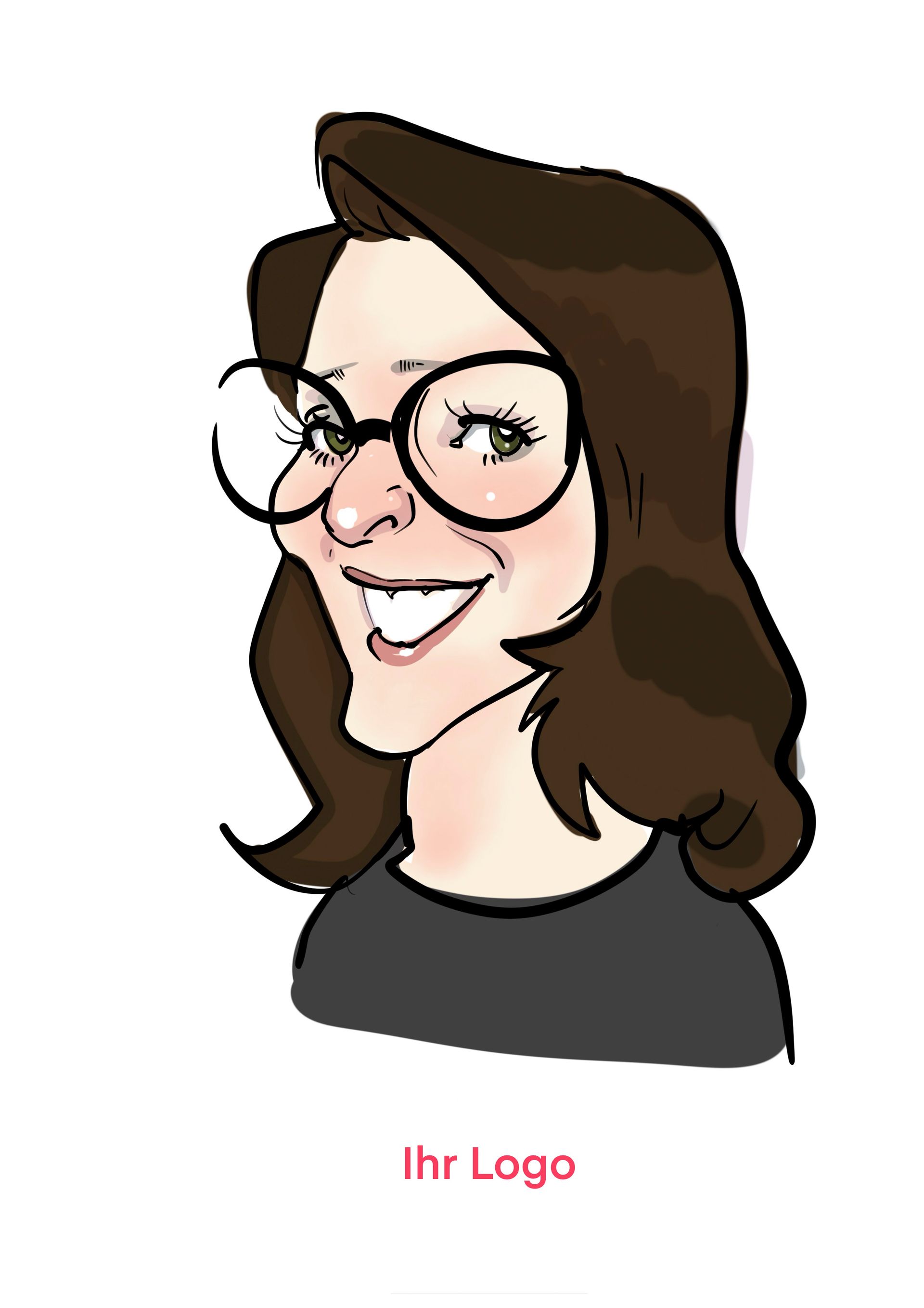 eine Karikatur einer Frau mit Brille und schwarzem Hemd .