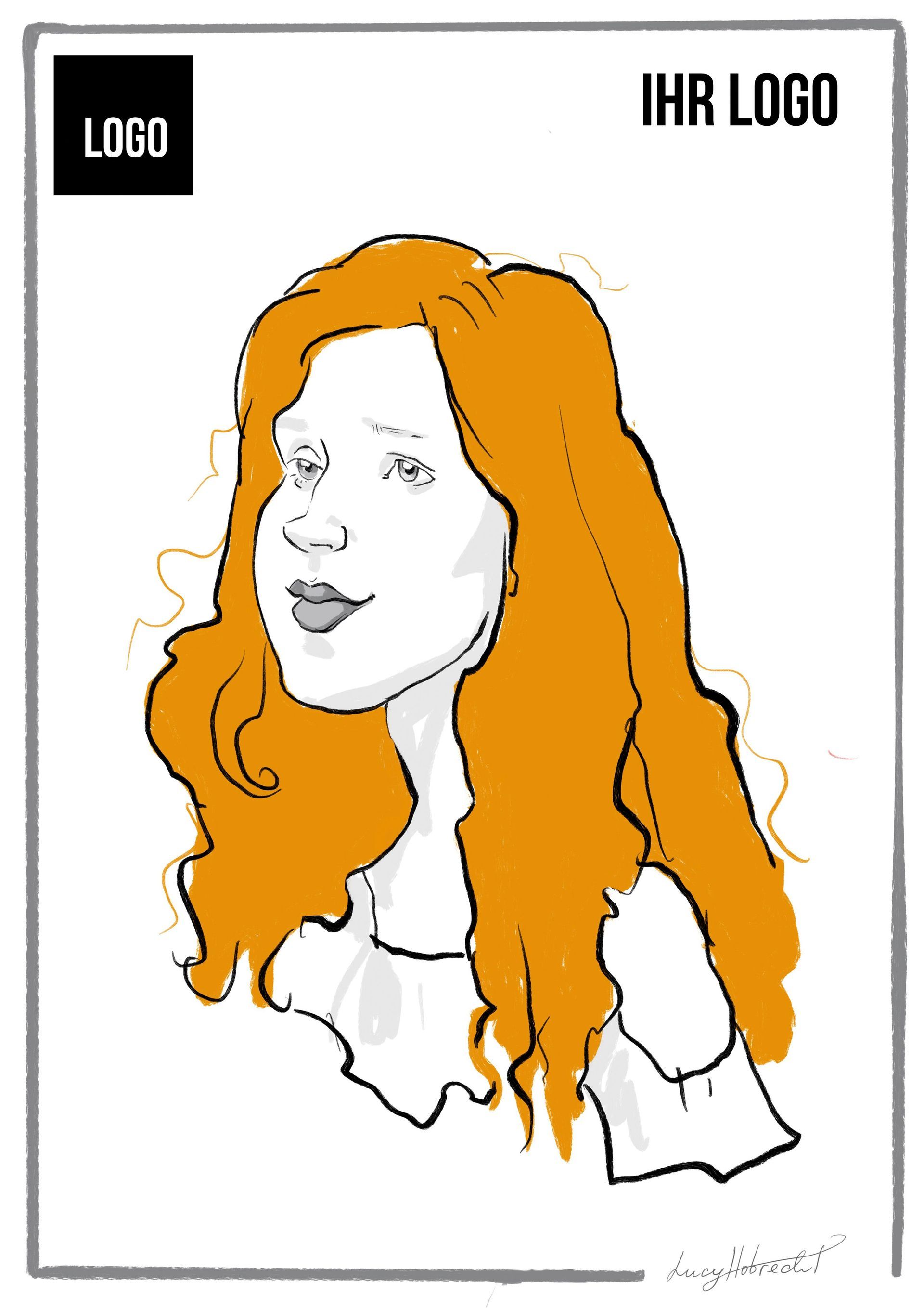 eine Schwarz-Weiß-Zeichnung einer Frau mit langen roten Haaren