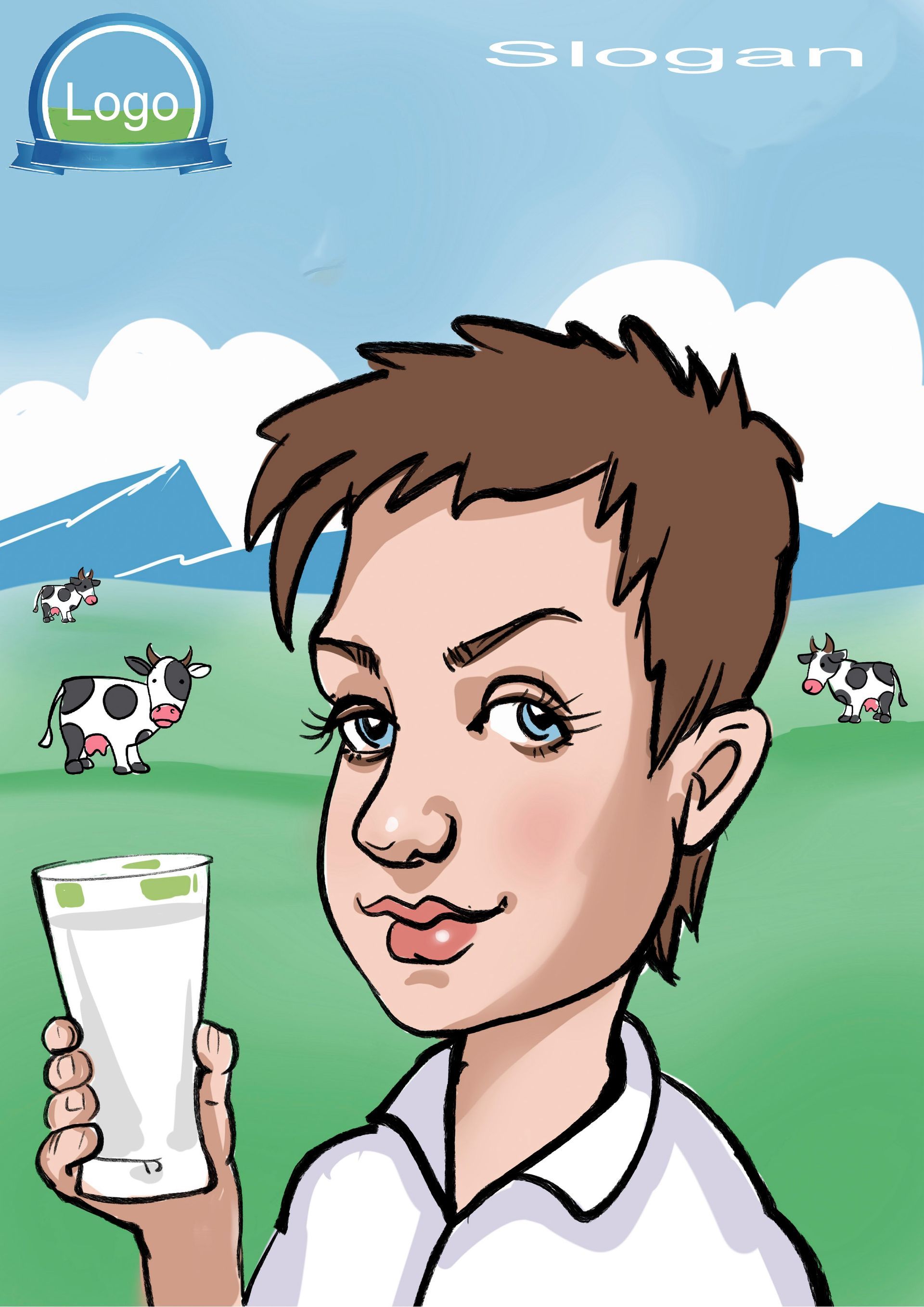 eine Karikatur einer Frau , die ein Glas Milch hält