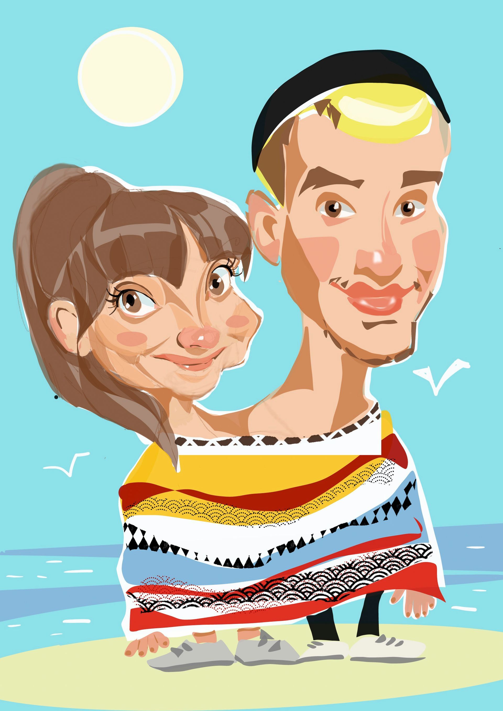 eine Karikatur eines Mannes und einer Frau am Strand .