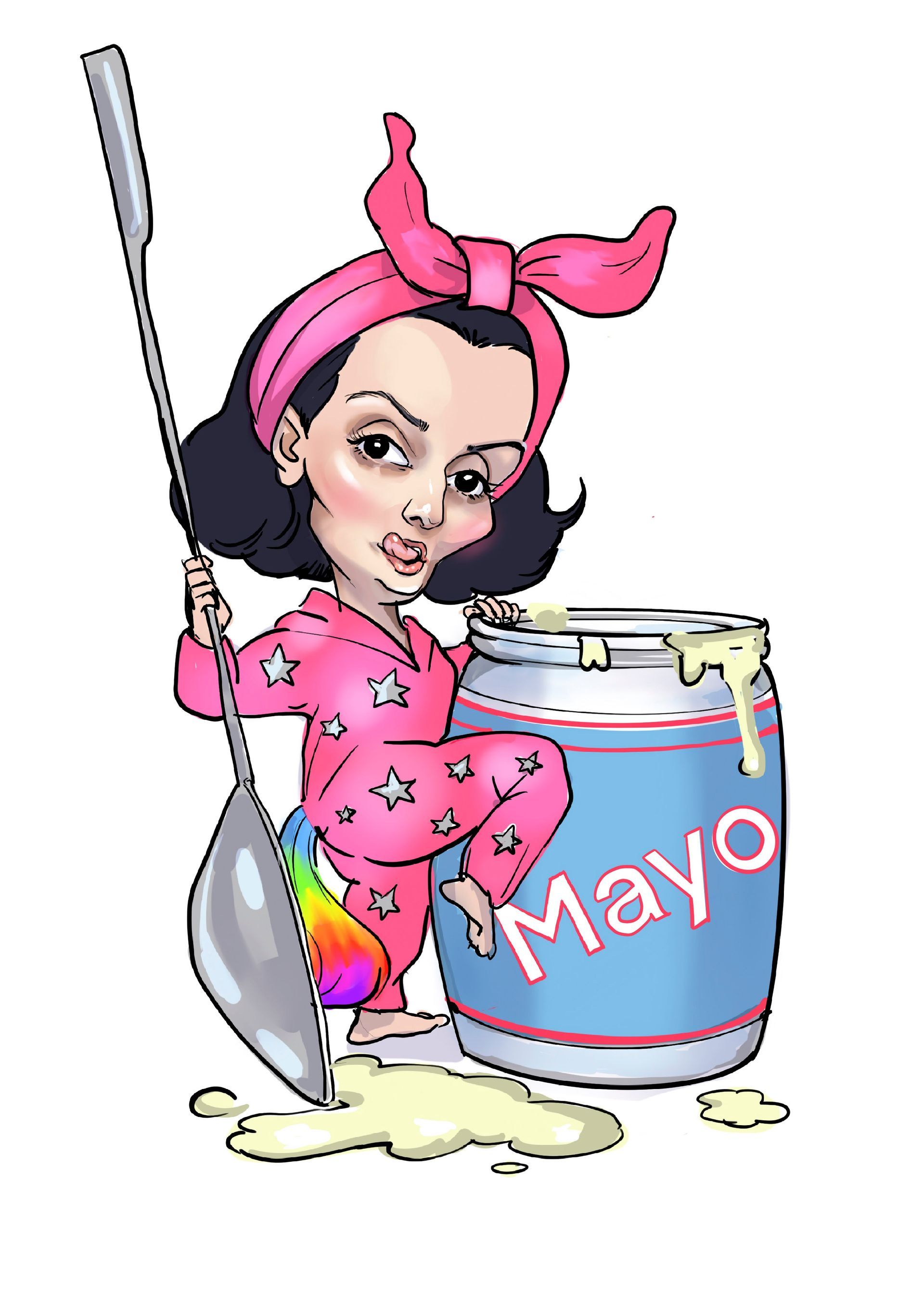 eine Cartoon-Figur hält einen Löffel und steht neben einem Glas Mayonnaise .