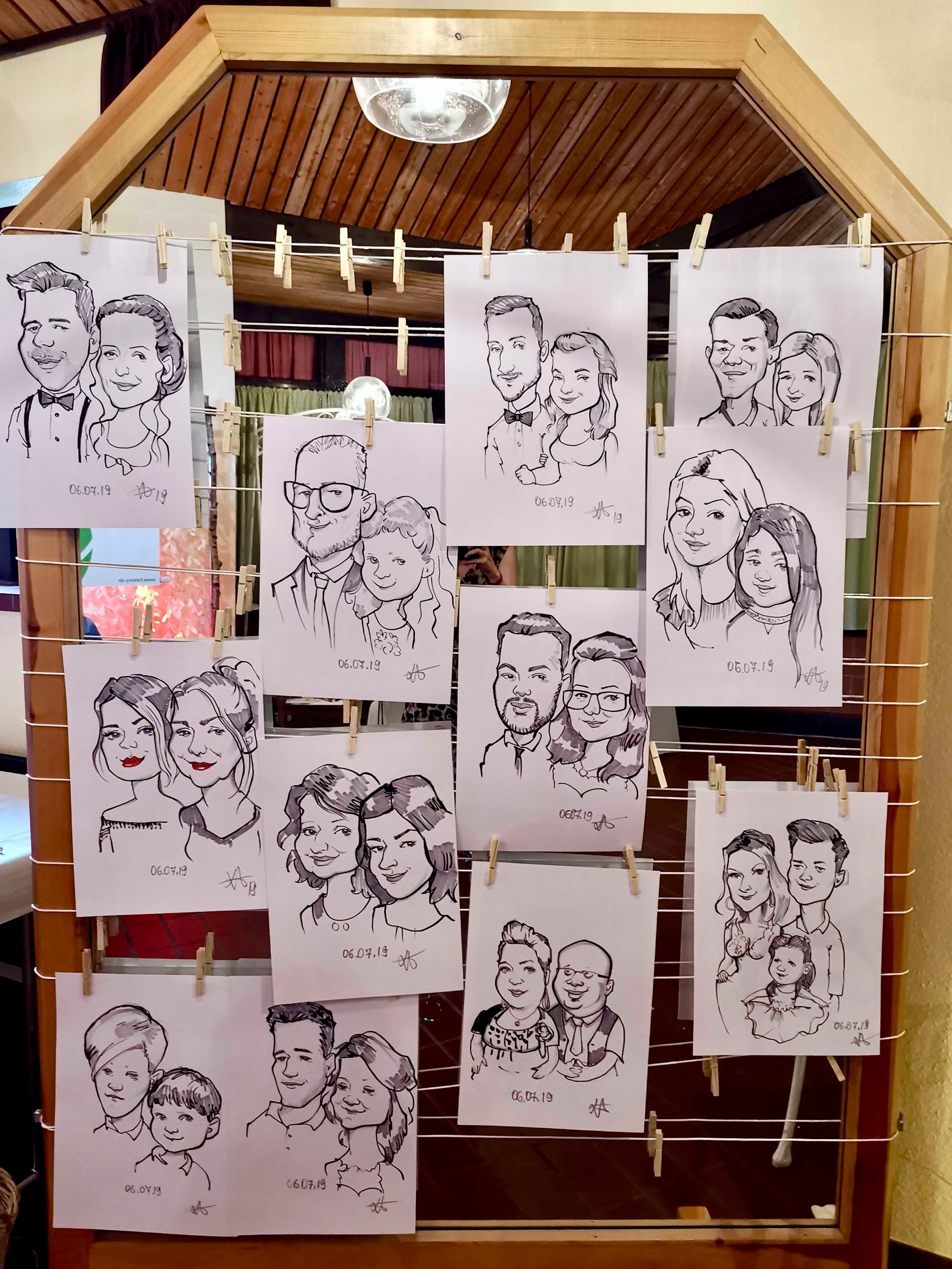 eine Reihe von Schwarz-Weiß-Zeichnungen eines Mannes und einer Frau