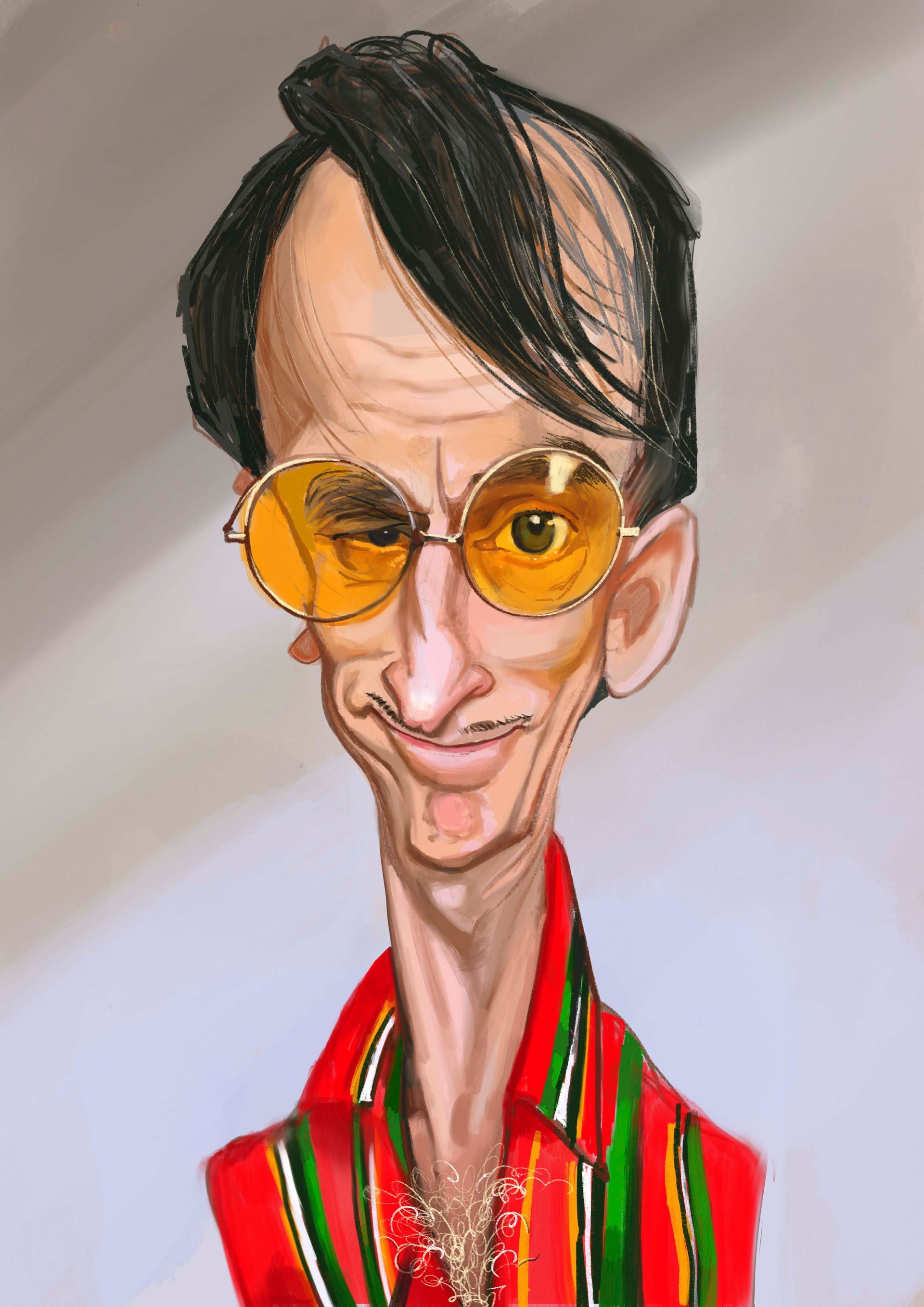 eine Karikatur eines Mannes mit gelben Sonnenbrillen und einem roten Hemd