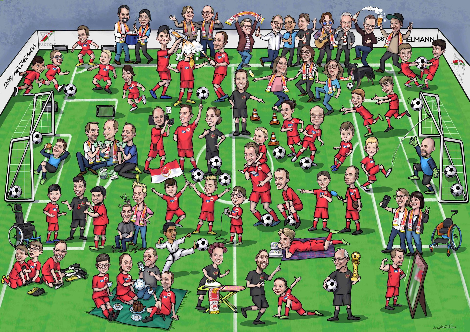 eine Karikatur einer Fußballmannschaft auf einem Feld