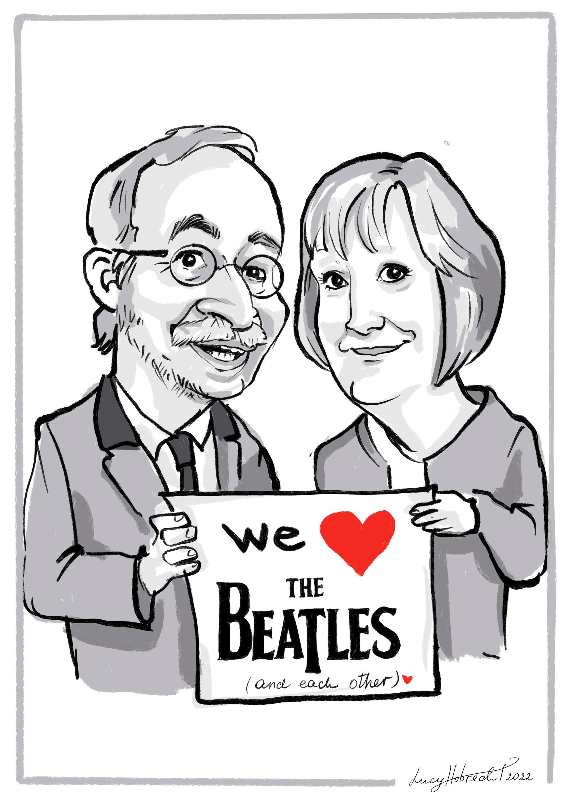eine Karikatur eines Mannes und einer Frau , die ein Schild halten , das sagt , wir lieben die Beatles .