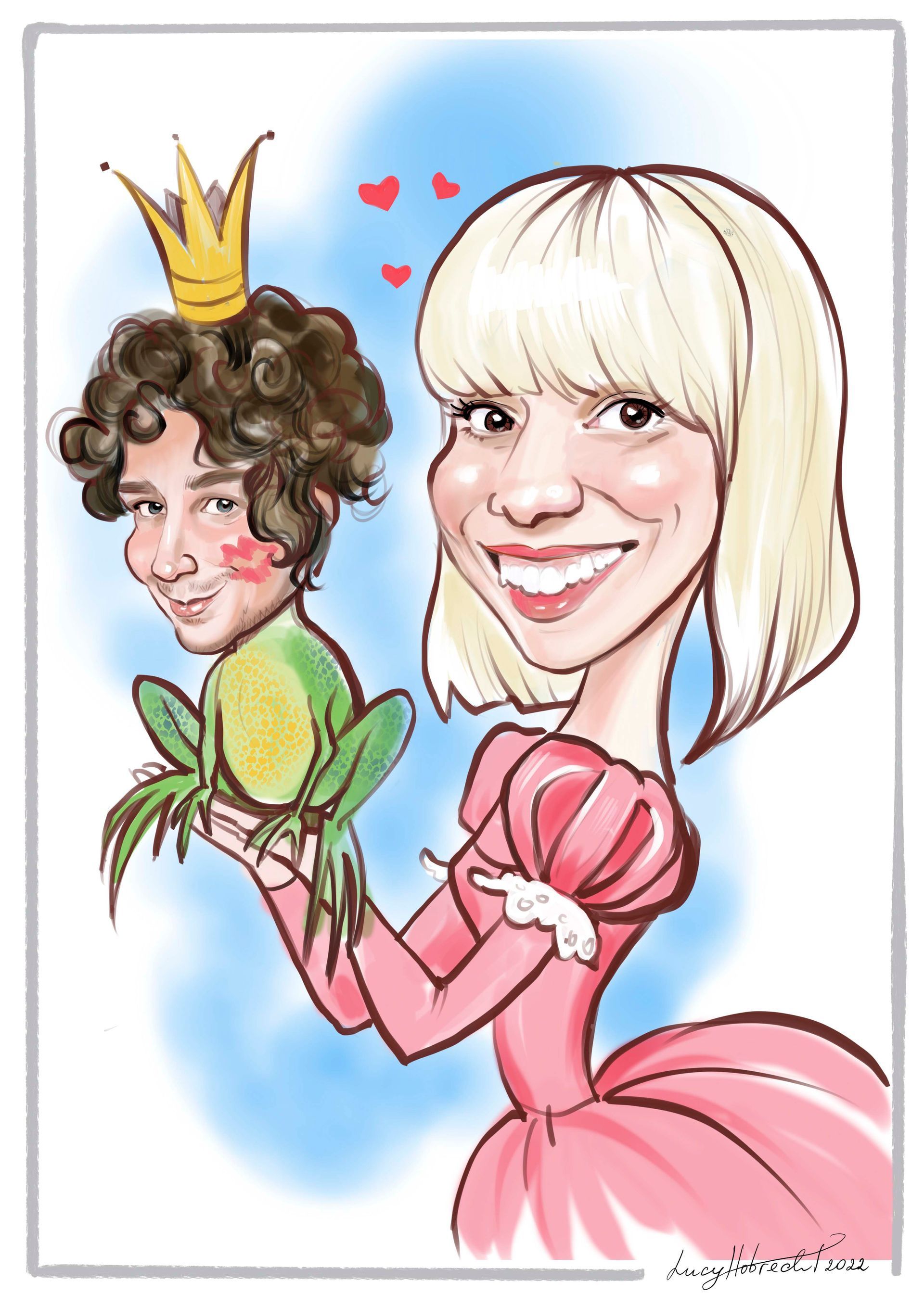 eine Karikatur einer Frau in einem rosa Kleid , die einen Frosch hält .