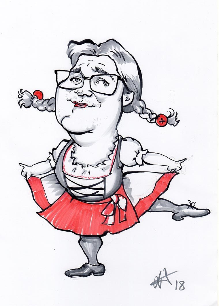 eine Schwarz-Weiß-Zeichnung einer Frau mit Brille und einem roten Rock