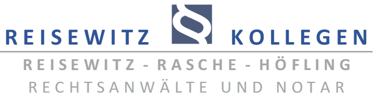 Logo für Rewitz Kolleg, mit blauer und grauer Schrift und einem quadratischen Emblem über dem Namen der Anwaltskanzlei.
