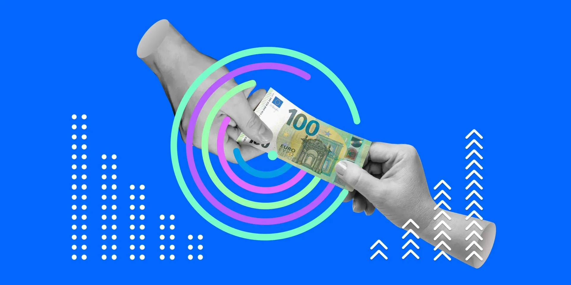 Manos intercambiando un billete de 100 euros, rodeadas de círculos de colores, con gráficos de barras sobre fondo azul.
