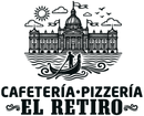 Logotipo en blanco y negro de Cafeter&iacute;a Pizzer&iacute;a El Retiro con un edificio con c&uacute;pula, un sol, p&aacute;jaros y una g&oacute;ndola