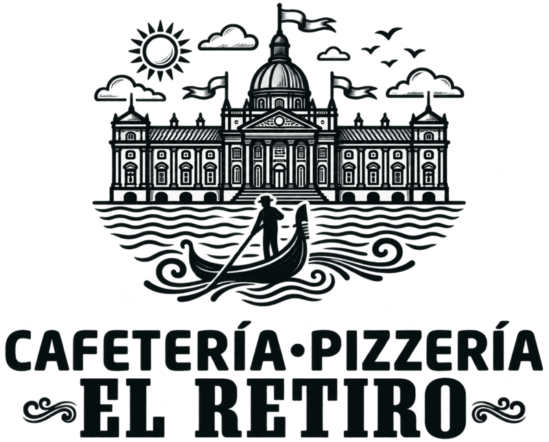 Logotipo en blanco y negro de Cafetería Pizzería El Retiro con un edificio con cúpula, un sol, pájaros y una góndola
