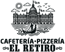 Logotipo en blanco y negro de Cafeter&iacute;a Pizzer&iacute;a El Retiro con un edificio con c&uacute;pula, un sol, p&aacute;jaros y una g&oacute;ndola