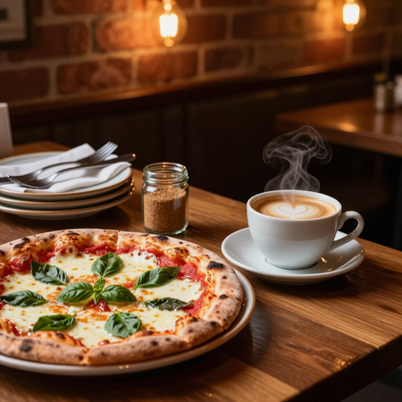 Pizza y capuchino humeante sobre una mesa de madera en una cafetería acogedora