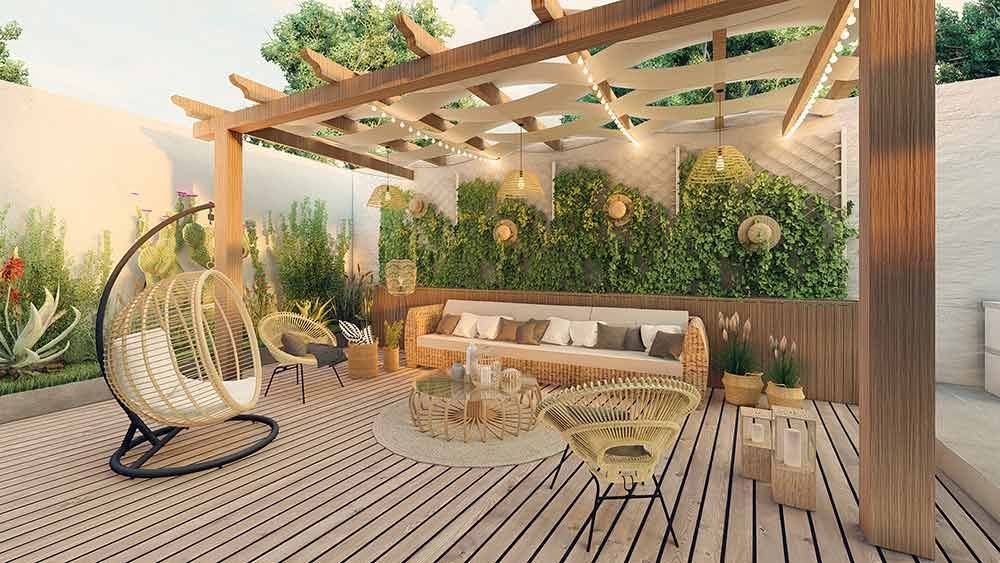 Künstlerische Darstellung einer Terrasse mit Pergola und Sofa.