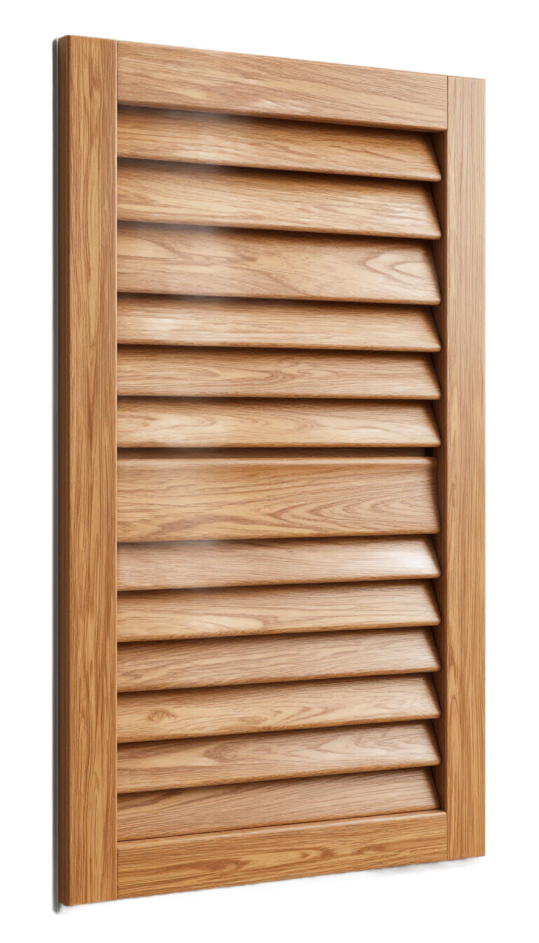Volet en bois à persiennes inclinées sur fond blanc.