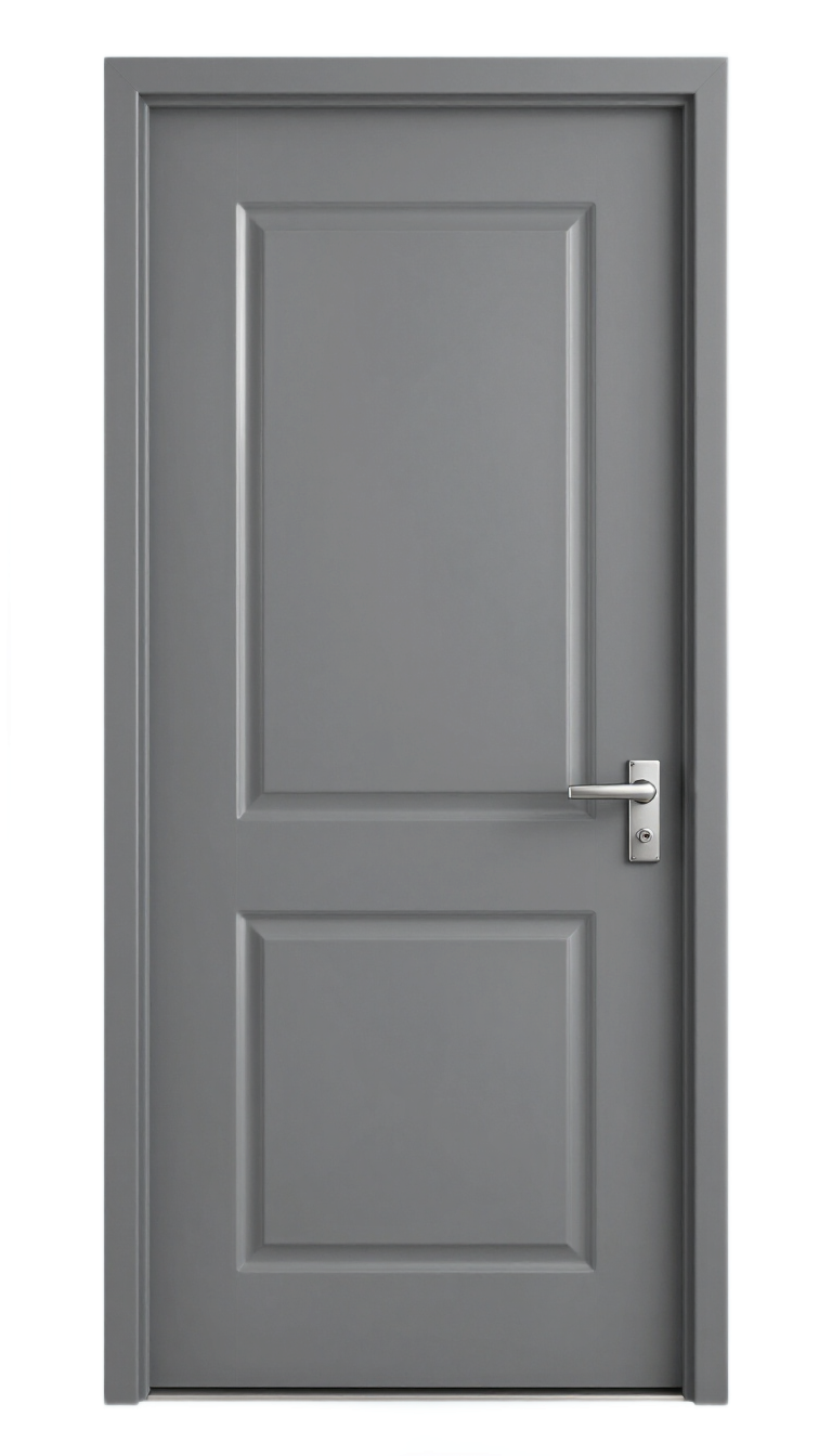Porte intérieure grise avec poignée argentée et deux panneaux en relief.