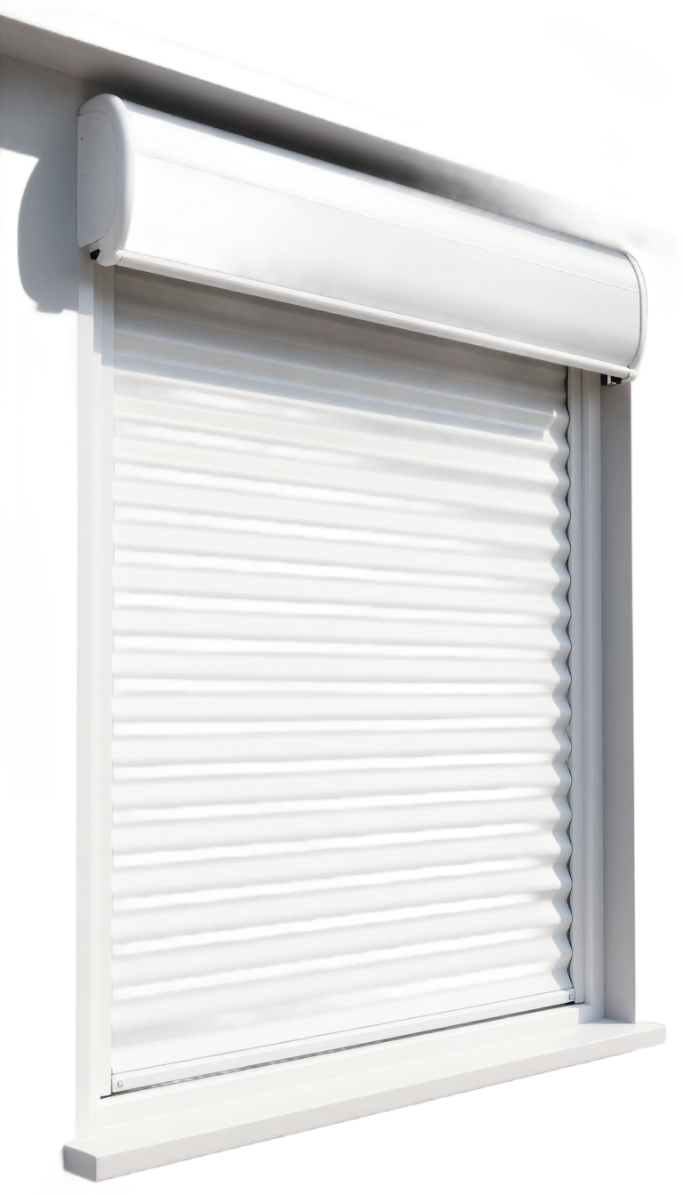Volet roulant moderne en PVC blanc avec rails latéraux et coffre supérieur.