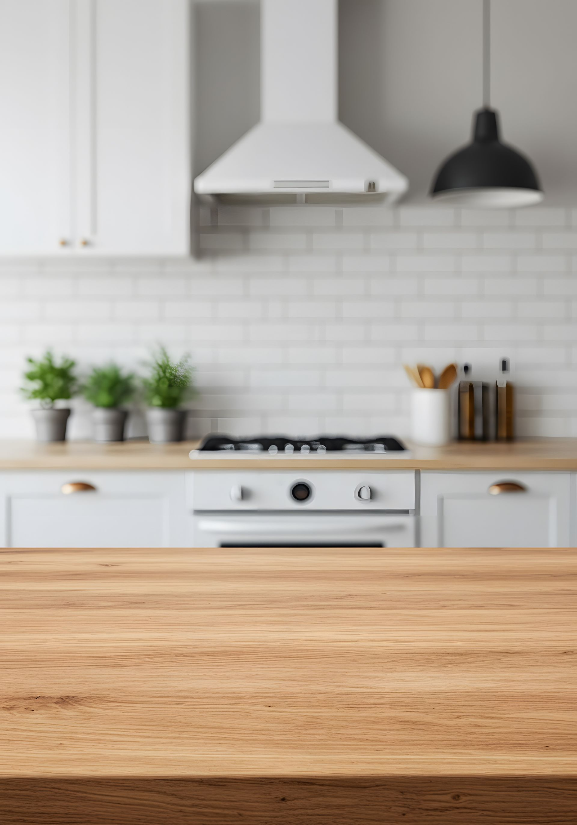 Cuisine moderne blanche avec comptoir en bois, crédence en carrelage métro blanc et herbes aromatiques en pot.