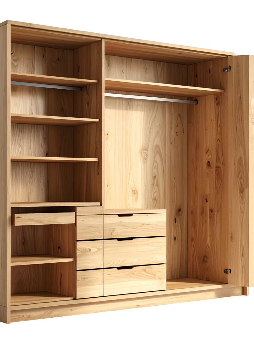Armoire en bois ouverte avec étagères, tiroirs et penderie.