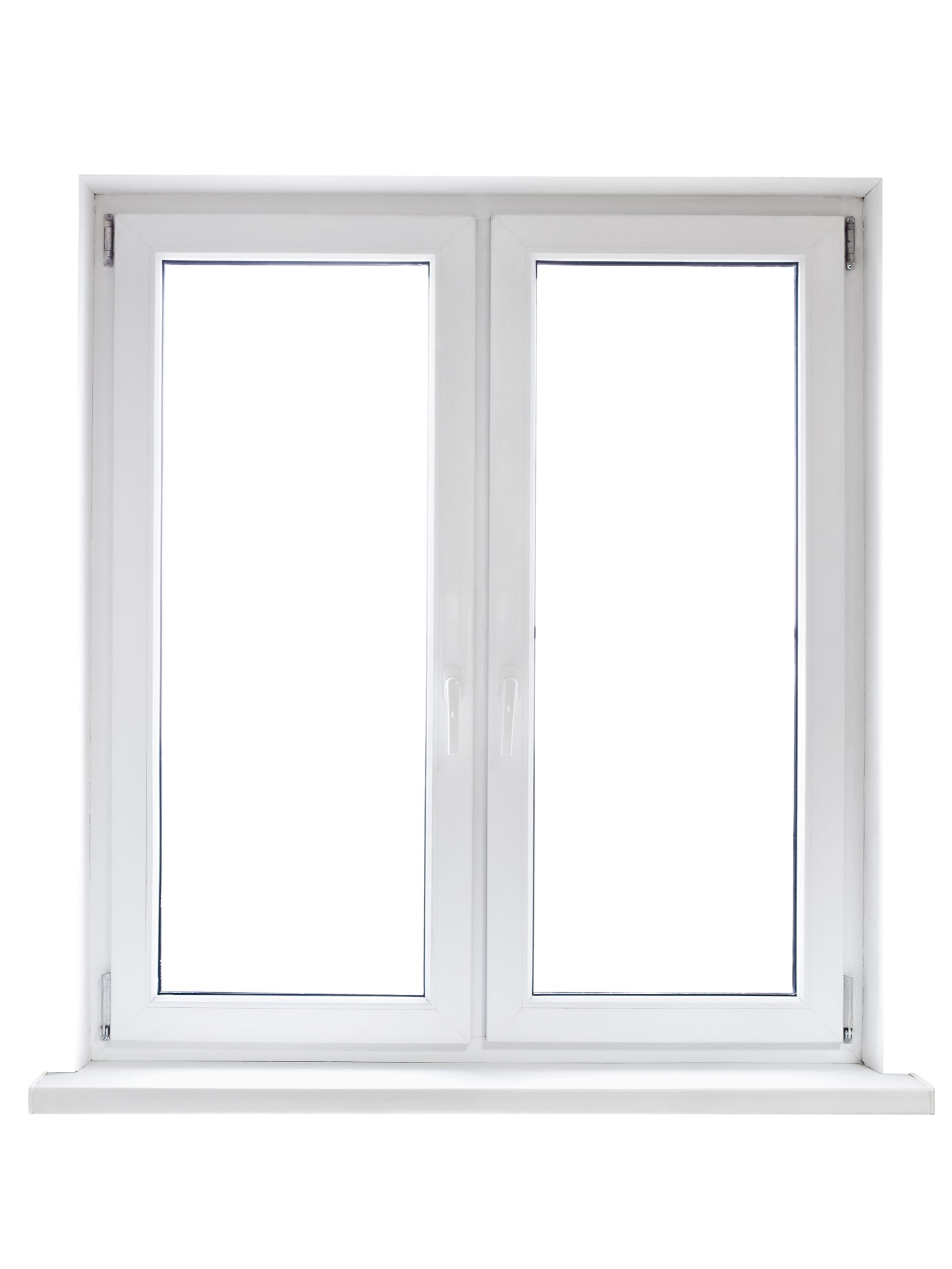 Fenêtre blanche à double vitrage avec deux hautes ouvertures de type battant et un appui.