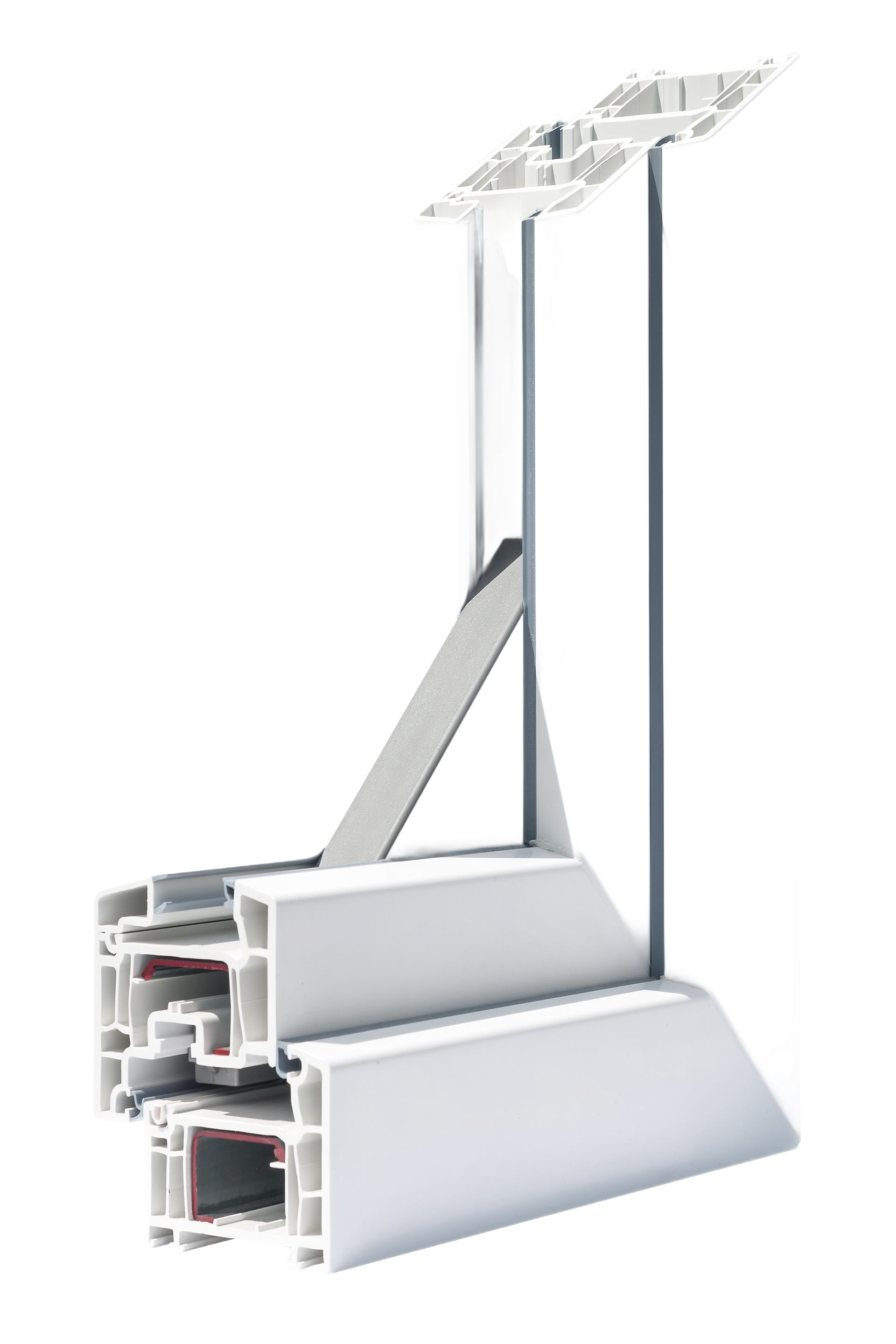 Rendu 3D d'une section transversale de profilé de fenêtre en aluminium blanc avec chambres internes et joints d'étanchéité.