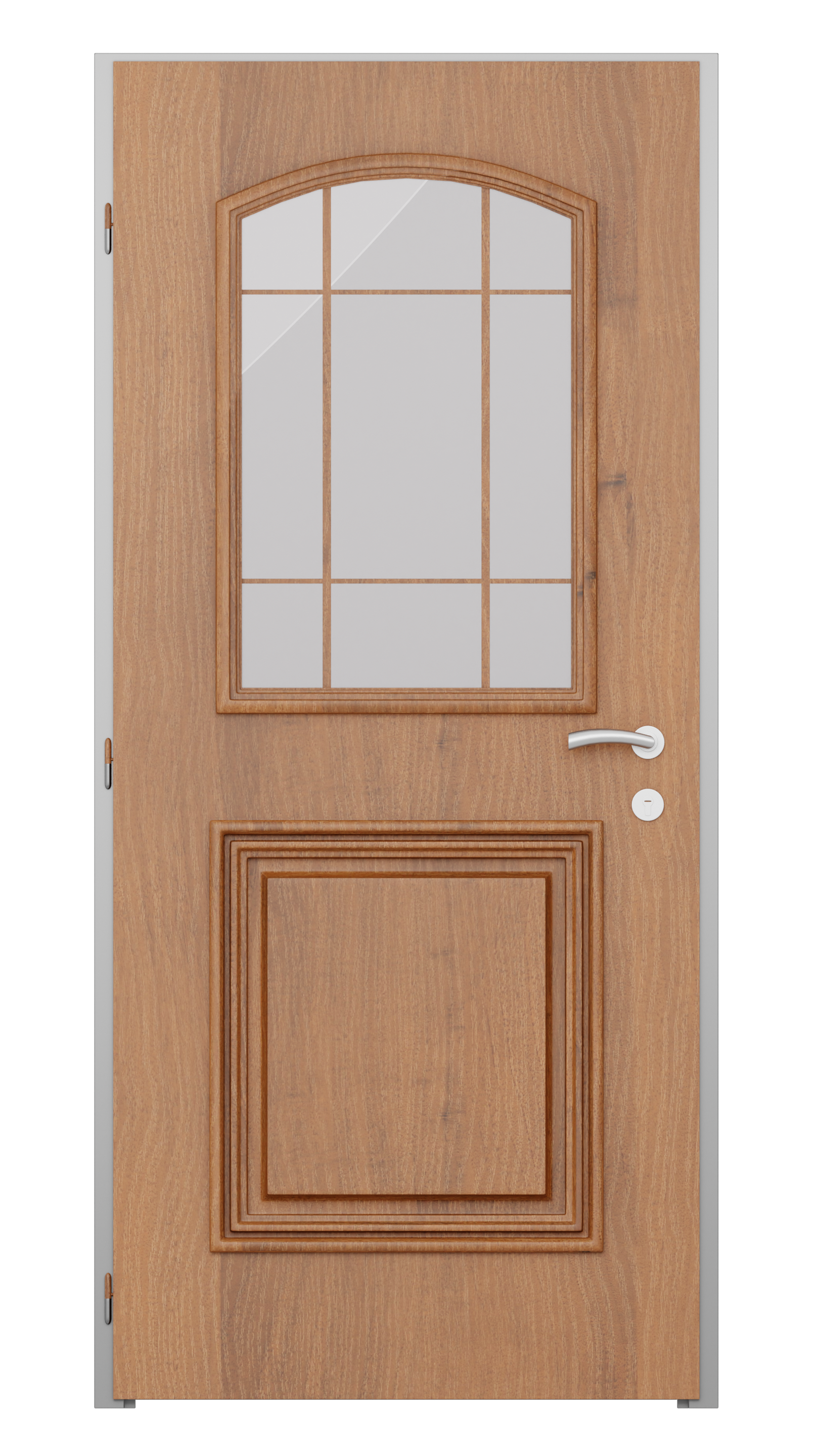 Porte d'entrée en bois avec un panneau vitré cintré et une poignée argentée.