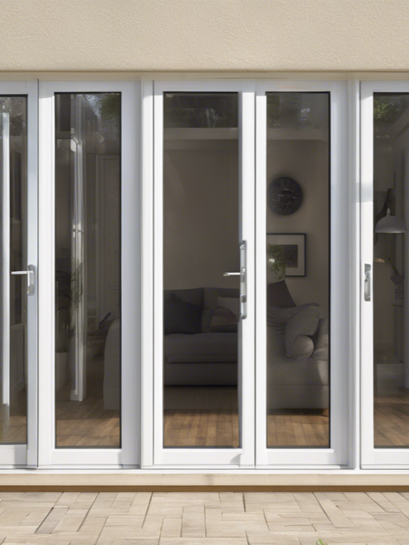Des portes-fenêtres vitrées à cadre blanc donnent sur un salon avec un canapé gris et un parquet.