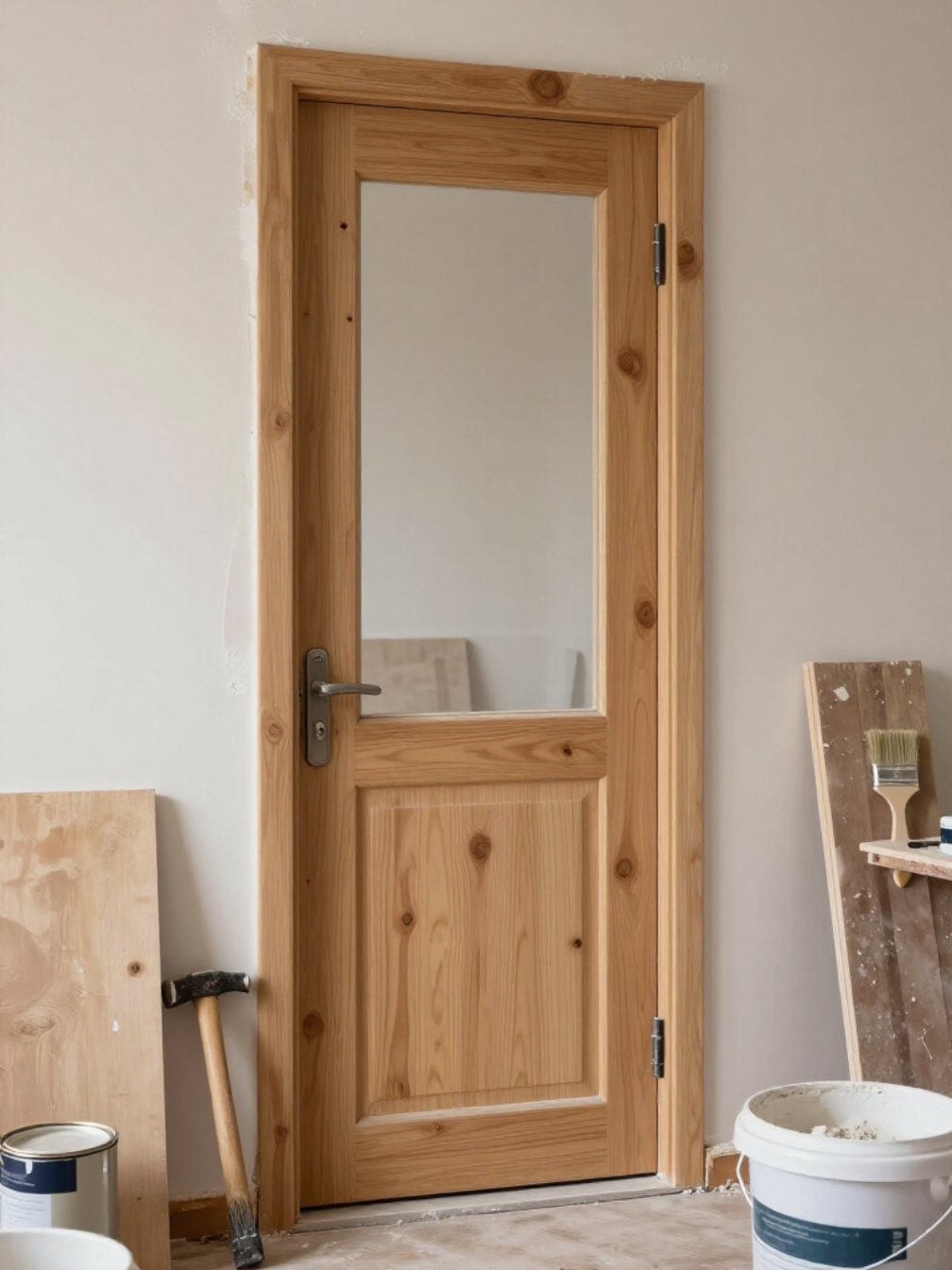 Porte intérieure en bois avec panneau de verre dans une pièce blanche, avec des pots de peinture et des planches à proximité.