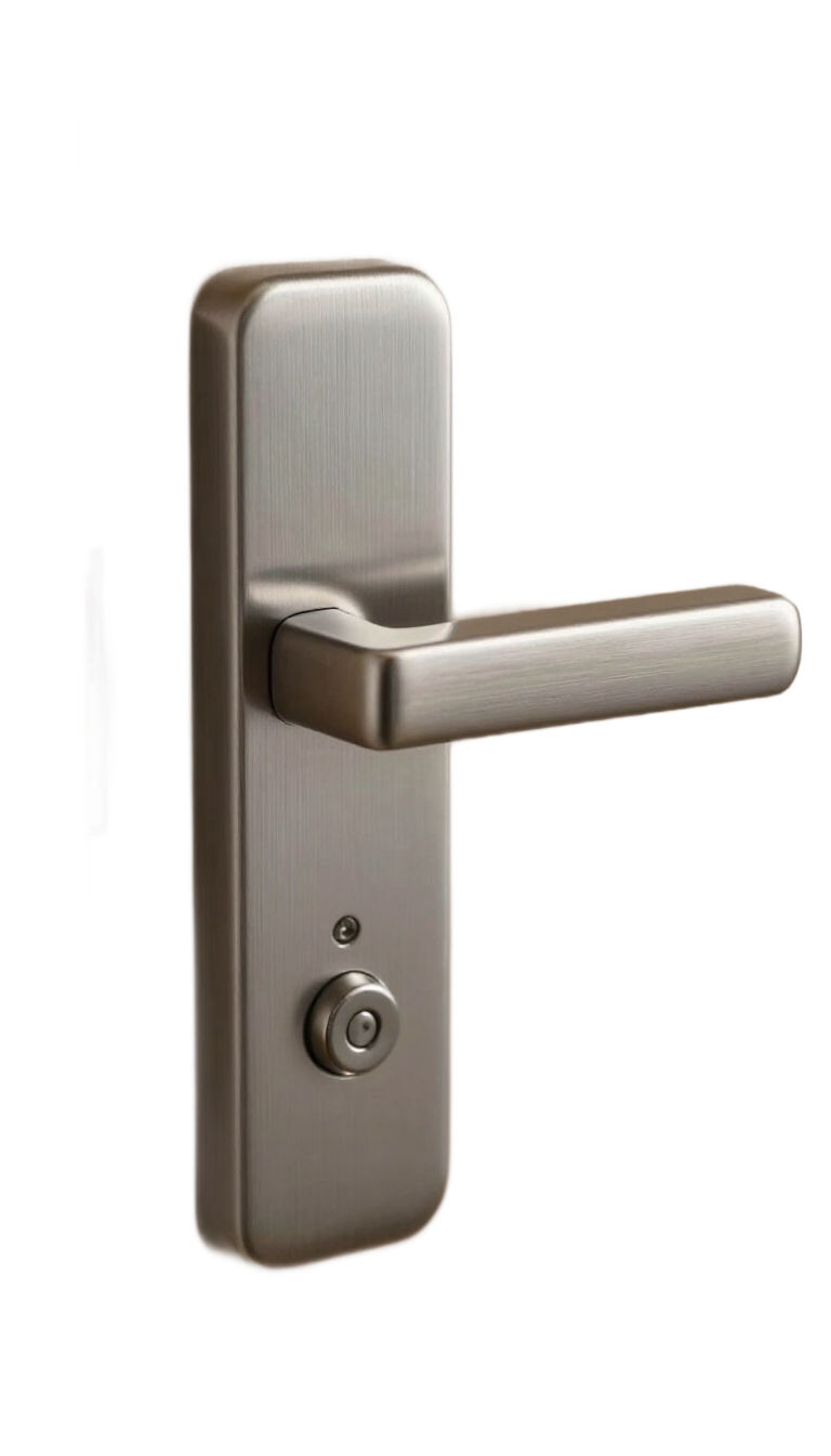 Poignée de porte en métal brossé avec serrure sur une porte beige.
