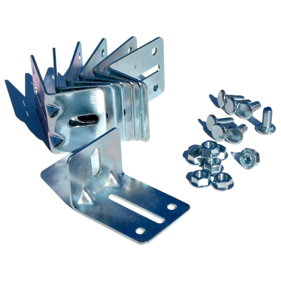 Support de fixation en métal avec vis et écrous, quincaillerie argentée sur fond blanc.