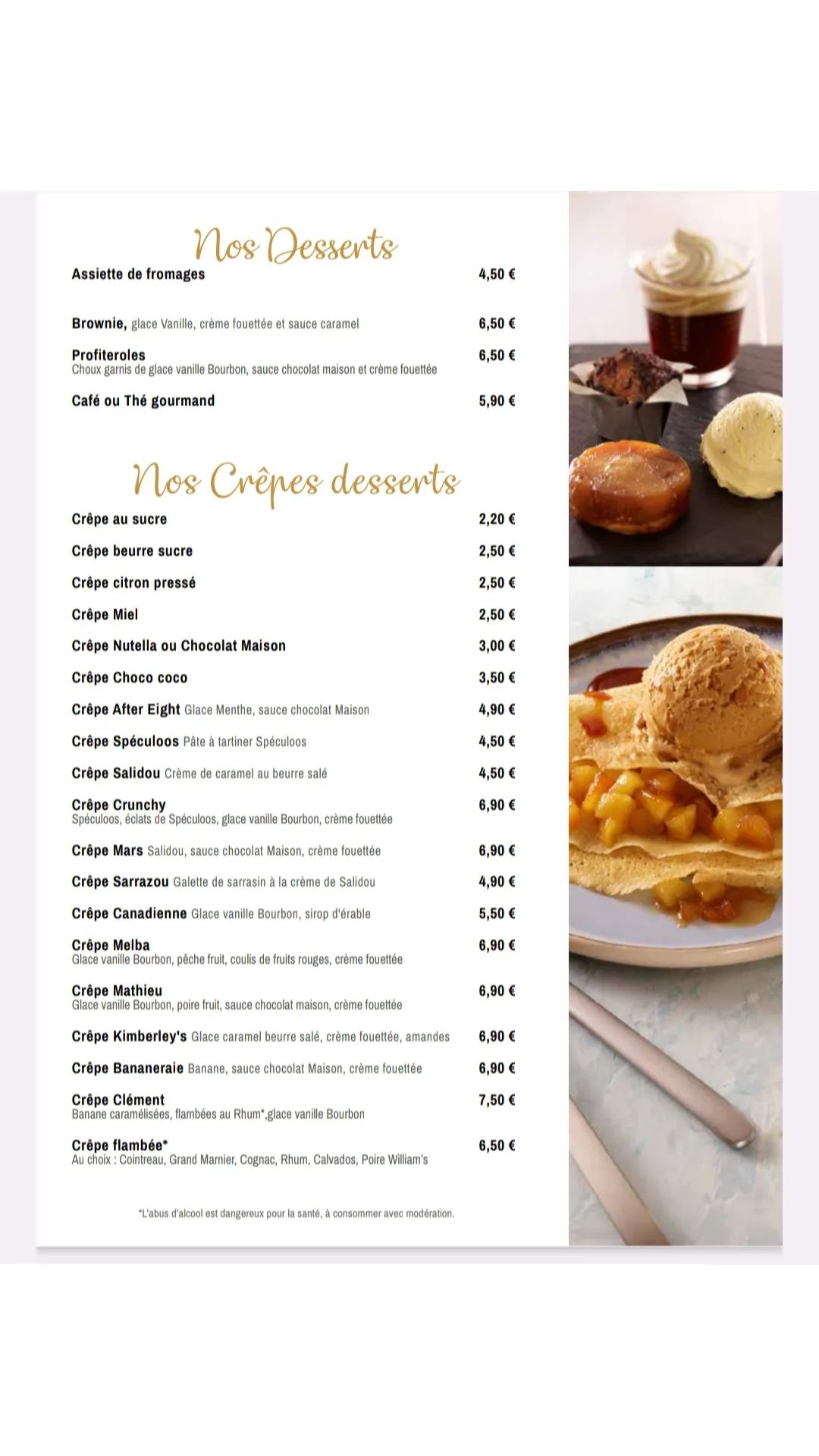 Carte des desserts et des crêpes sucrées