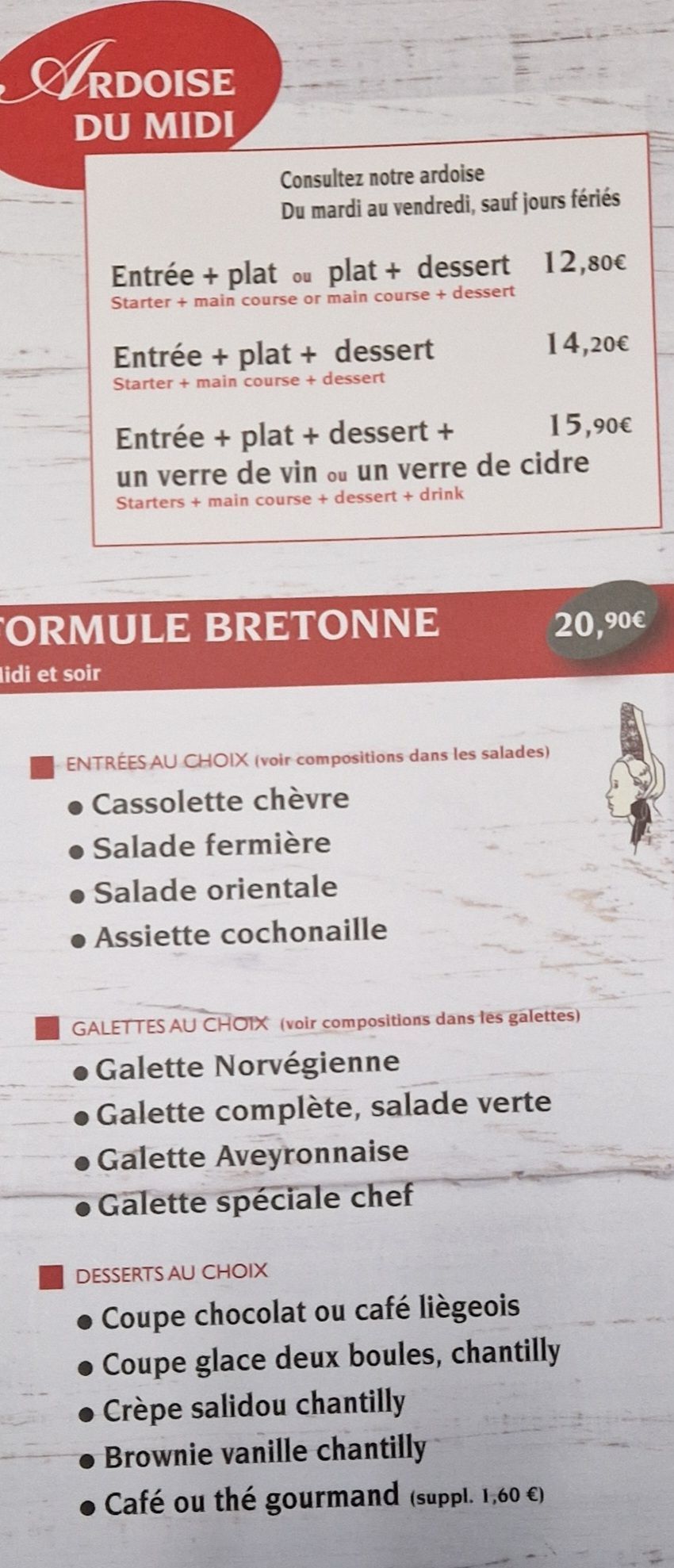 Carte avec l'ardoise du midi et les formules