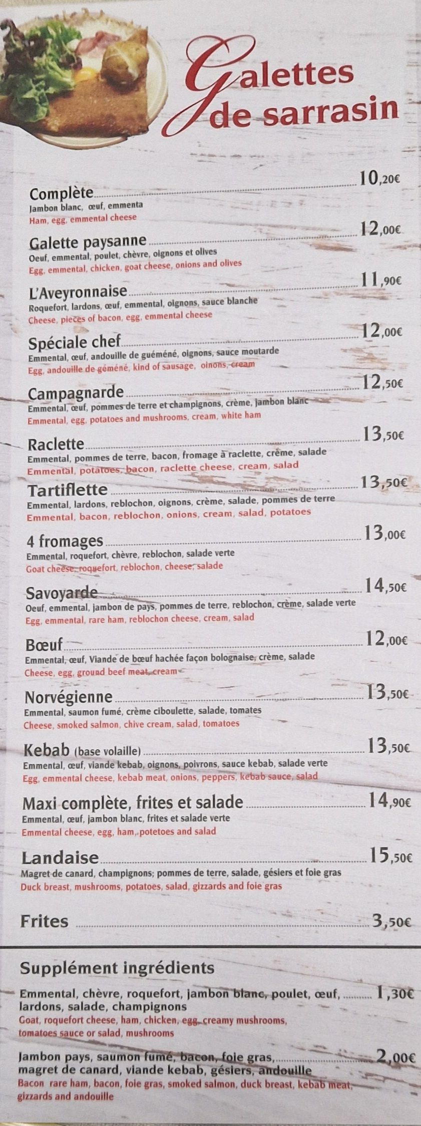 Carte avec les galettes de sarrasin : raclette, grilladin, etc.