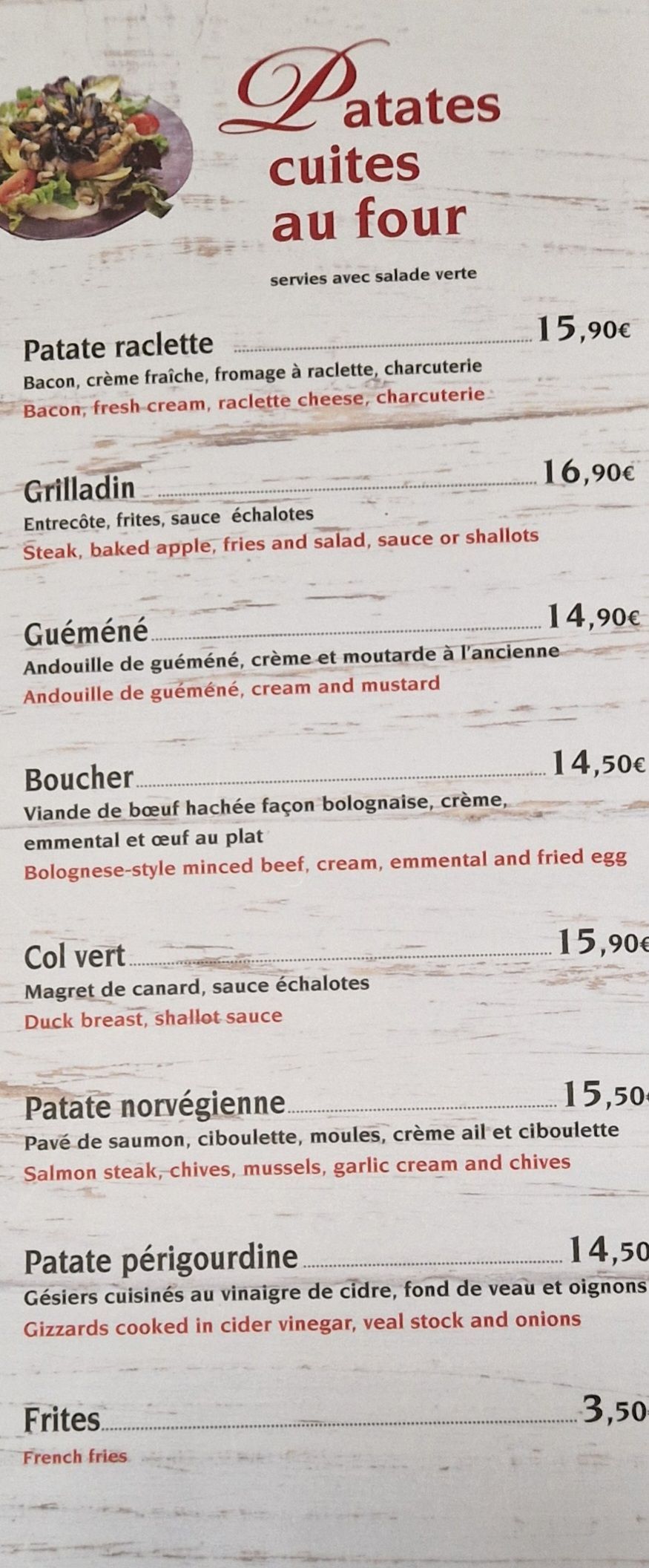 Carte avec les patates cuites au four : raclette, grilladin, etc.