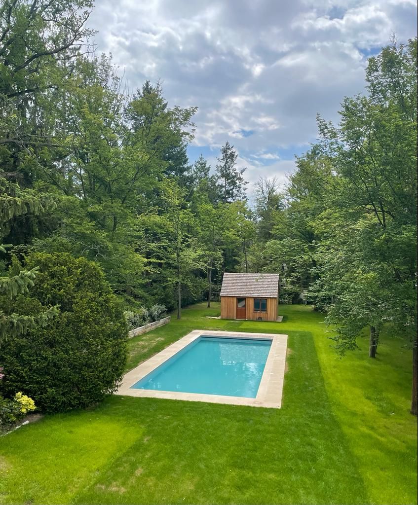 Piscine entourée d'arbres et cabanon