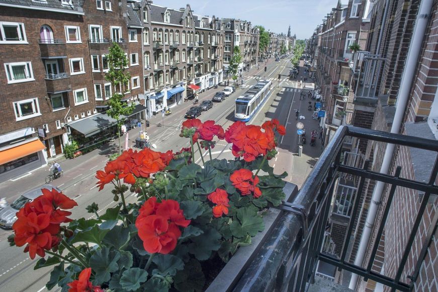 Flower boxes with red geraniums on a balcony overlooking a city street and canal.