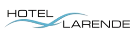 Hotel Larende logo with black text and a blue wave
