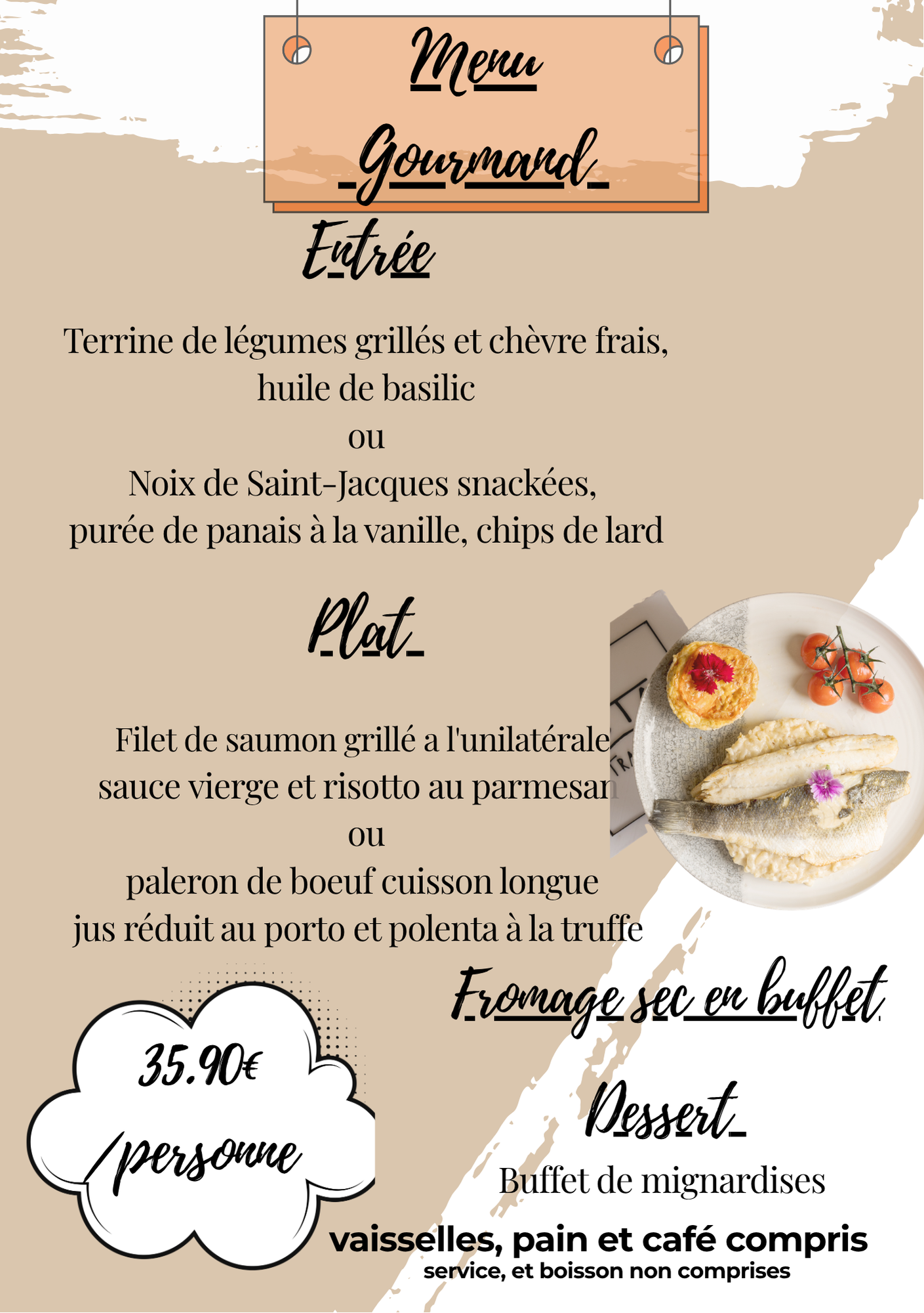 Menu gastronomique français sur fond beige, avec titres calligraphiés et photo de plat gourmet.
